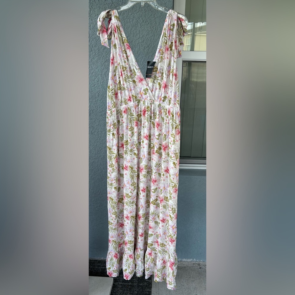 Forever 21 Floral Tropical Self Tie Straps Deep V-neck Tiered Hem Maxi Dress 3X - Picture 3 of 6